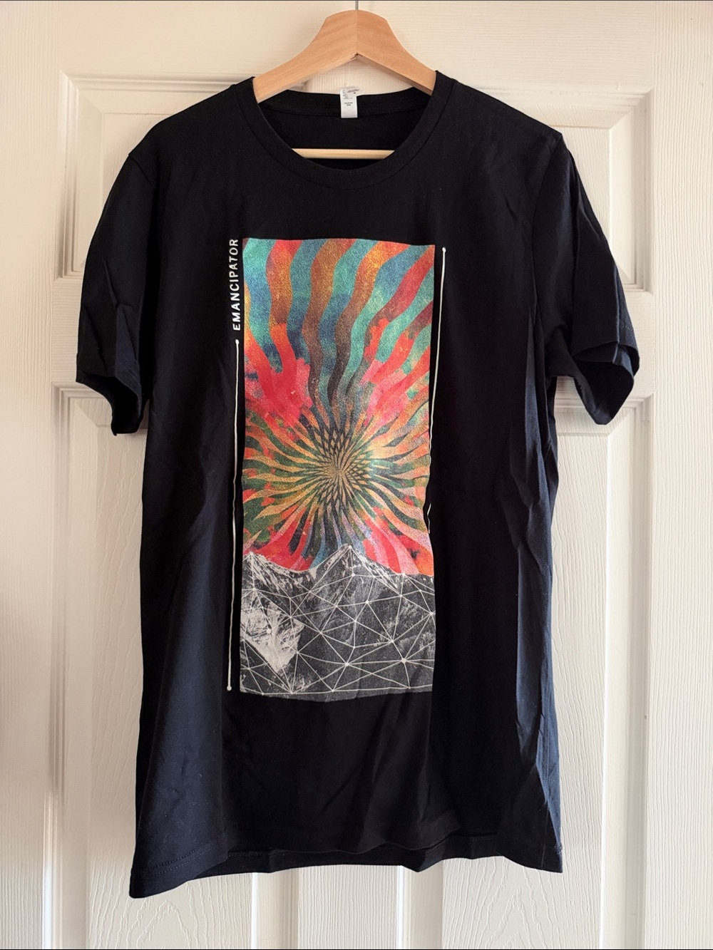 Emancipator Black Graphic Tee with Multicolor Spiral Print